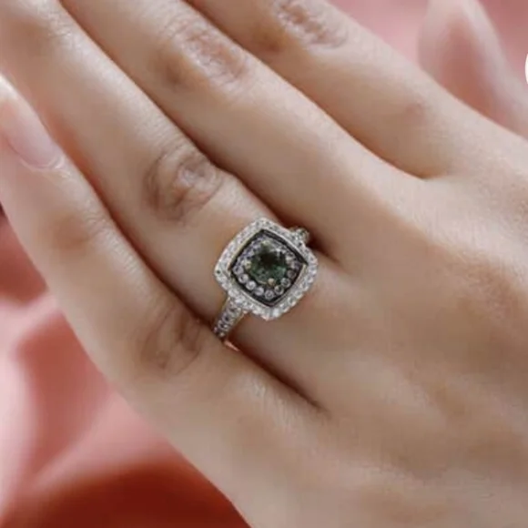 Genuine Tanzanian Green Apatite, White & Champagne Zircon 18k/925 💍 Sz 6 - Picture 4 of 6